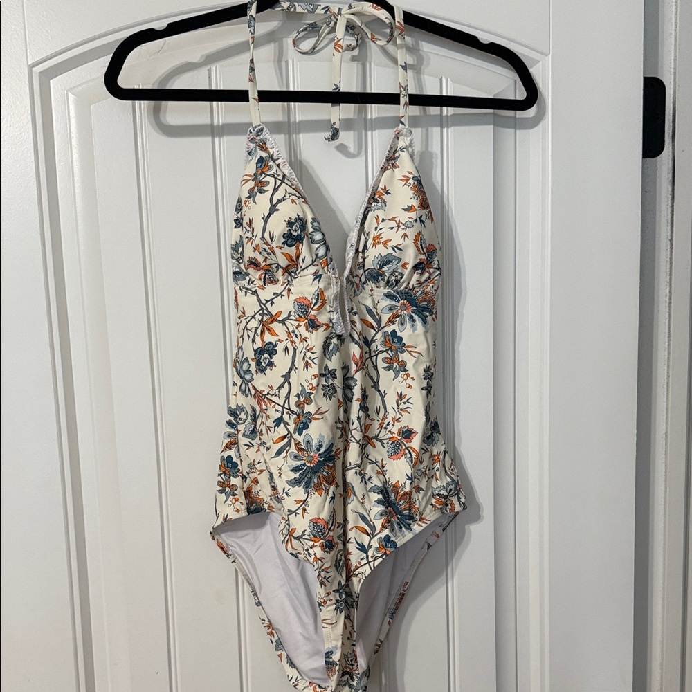 Floral Halter One-Piece Swimsuit - Cream with Blue & Orange Flowers